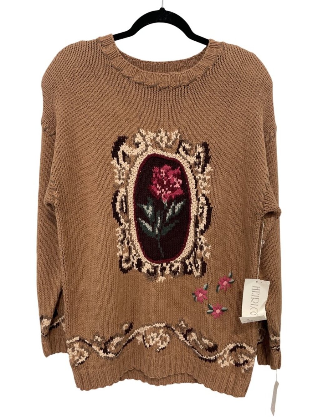 Vintage Heirlooms Sweater Medium Handknit Floral Crewneck Brown Deadstock NEW